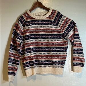 J. Crew Navy and Red Patterned Crewneck Sweater 100% Lambswool
